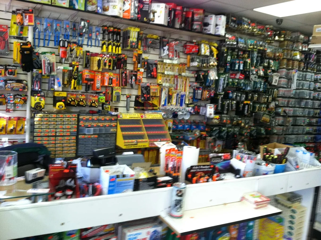 Tool wall, drill bits, and front counter at Quentin Hardware